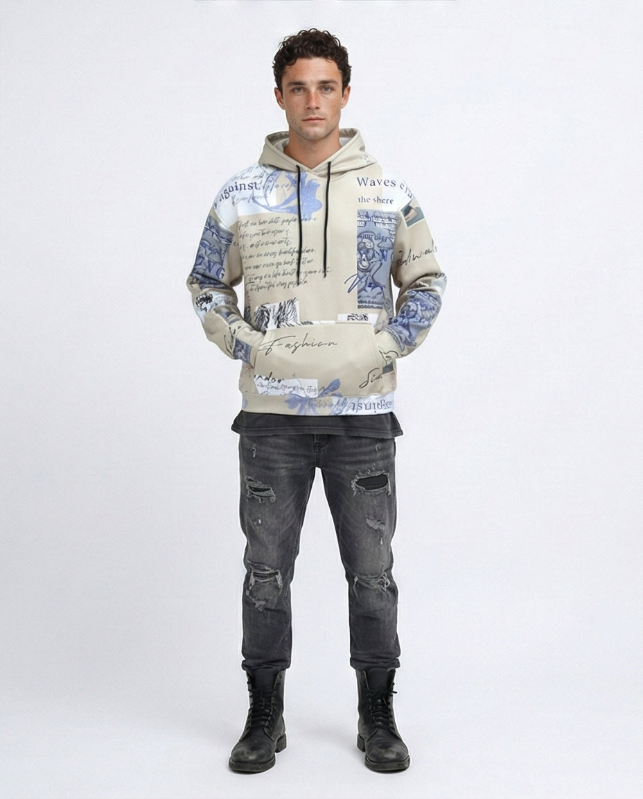 O197310 - Unique Pattern Slip On Fleece Hoodie - Beige & Blue