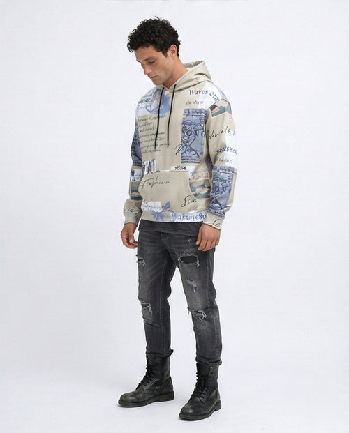 O197310 - Unique Pattern Slip On Fleece Hoodie - Beige & Blue