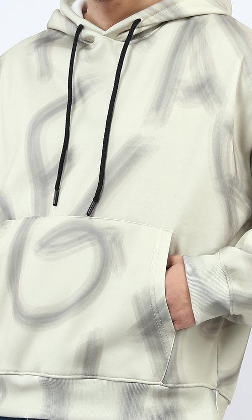 o197317 - Multipattern Fleece Hoodie with Long Sleeves - Beige & Black