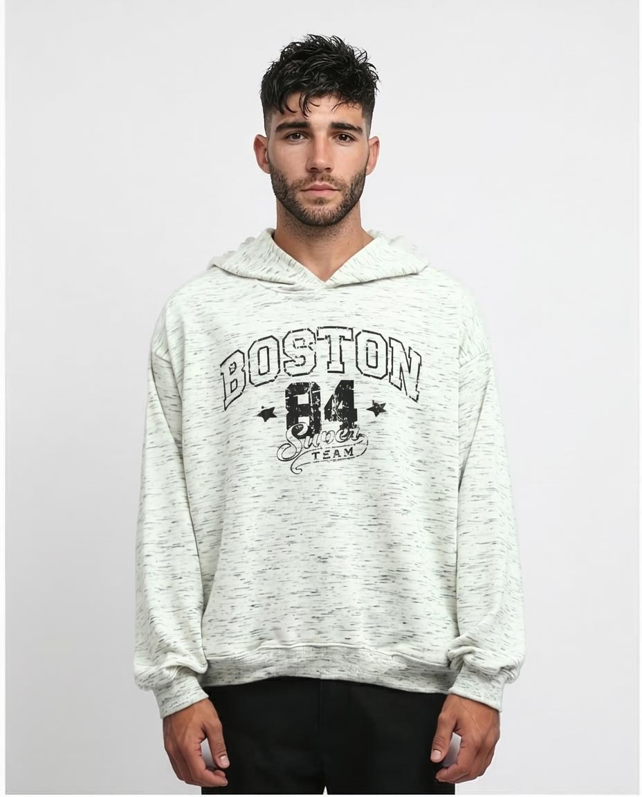 Man wearing a gray hoodie with 'Boston 84' text on a white background