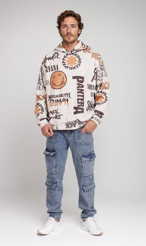 O197325-O197325 - All-Over Band Hoodie - Beige