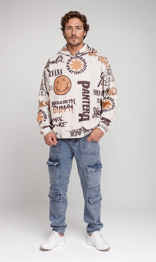 O197325-O197325 - All-Over Band Hoodie - Beige