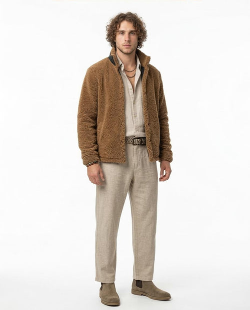 Ravin Men's Camel Faux Fur Sherpa Jacket with Quilted Collar Detail - Camel - O197483