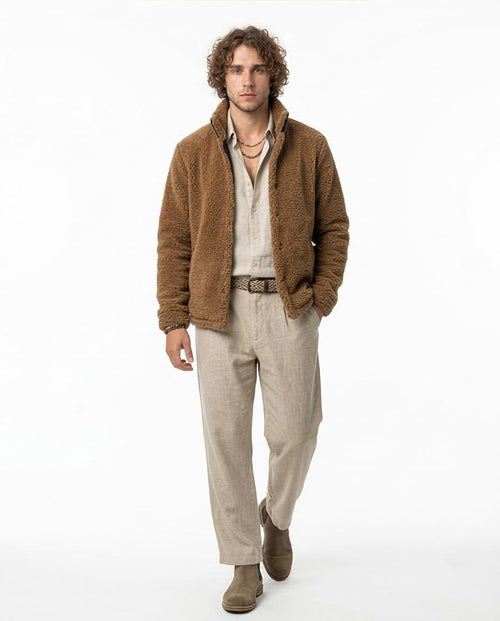 Ravin Men's Camel Faux Fur Sherpa Jacket with Quilted Collar Detail - Camel - O197483