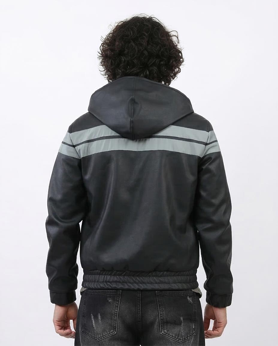Ravin Men’s Hooded Faux-Leather Bomber Jacket with Contrast Racing Stripes - Black - o197486