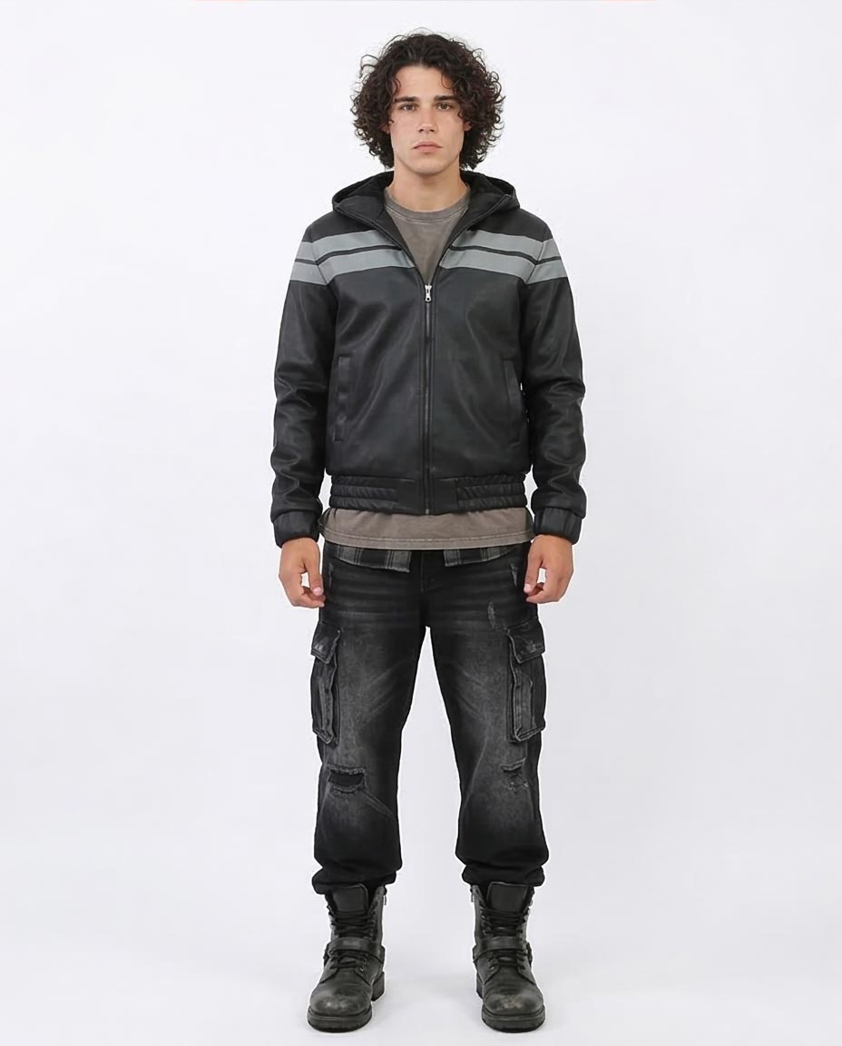 Ravin Men’s Hooded Faux-Leather Bomber Jacket with Contrast Racing Stripes - Black - o197486