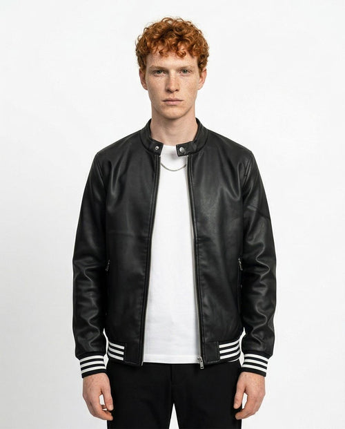 Ravin Men's Faux-Leather Varsity Bomber Jacket with Striped Ribbing - Black - O197488