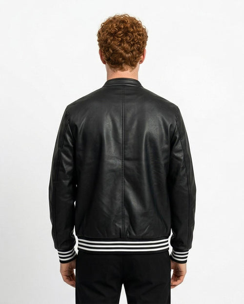 Ravin Men's Faux-Leather Varsity Bomber Jacket with Striped Ribbing - Black - O197488