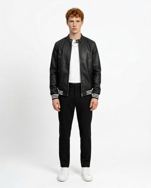 Ravin Men's Faux-Leather Varsity Bomber Jacket with Striped Ribbing - Black - O197488