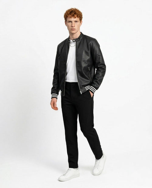 Ravin Men's Faux-Leather Varsity Bomber Jacket with Striped Ribbing - Black - O197488