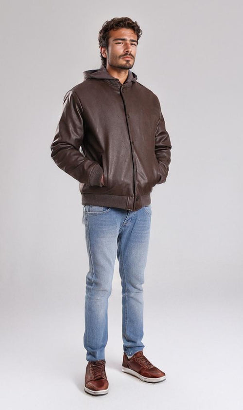 o197496-LEATHER BOMBER JACKET - BROWN