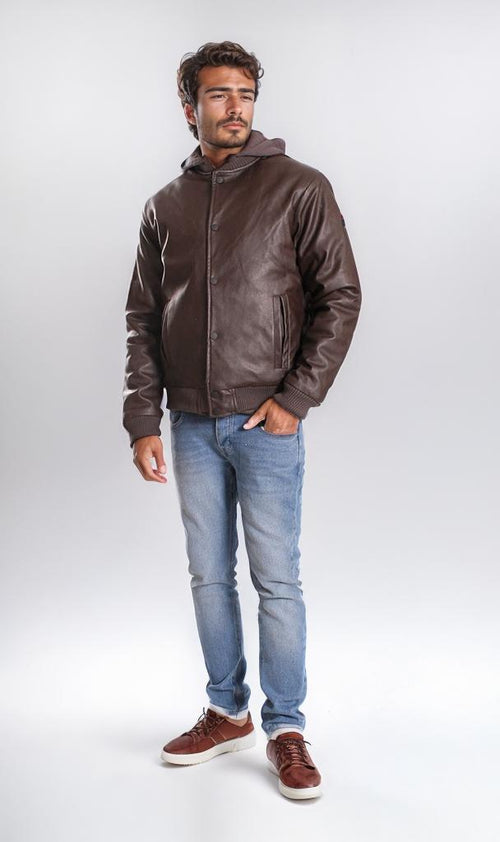o197496-LEATHER BOMBER JACKET - BROWN