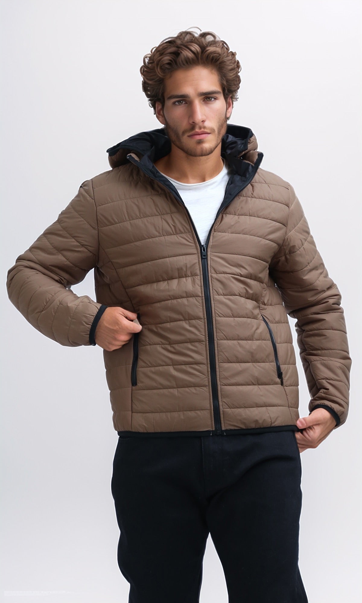 O197520 Dark Coffee Puffer Jacket With Detachable Hooded Neck
