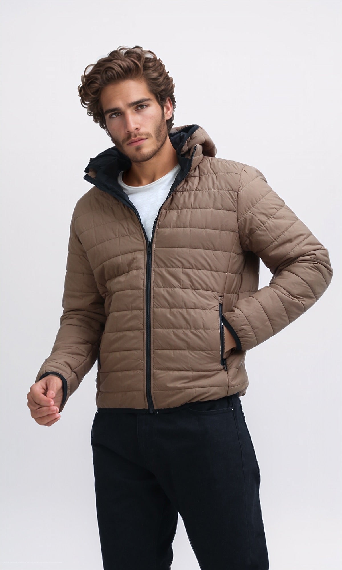O197520 Dark Coffee Puffer Jacket With Detachable Hooded Neck