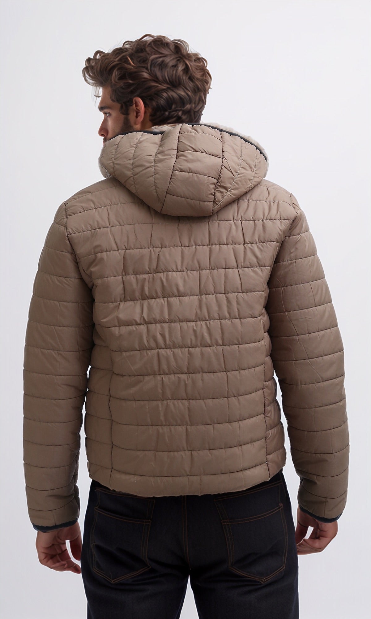 O197520 Dark Coffee Puffer Jacket With Detachable Hooded Neck