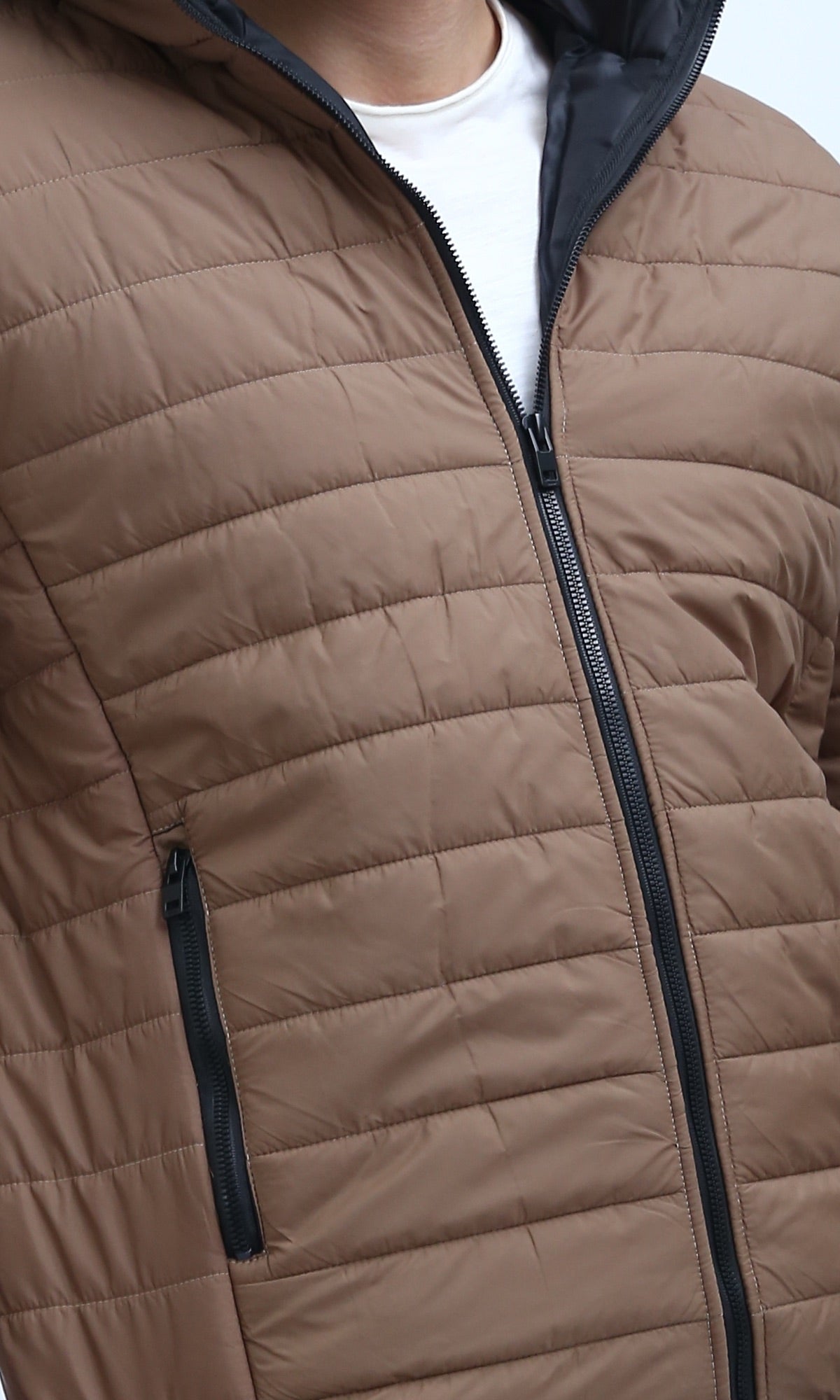 O197520 Dark Coffee Puffer Jacket With Detachable Hooded Neck