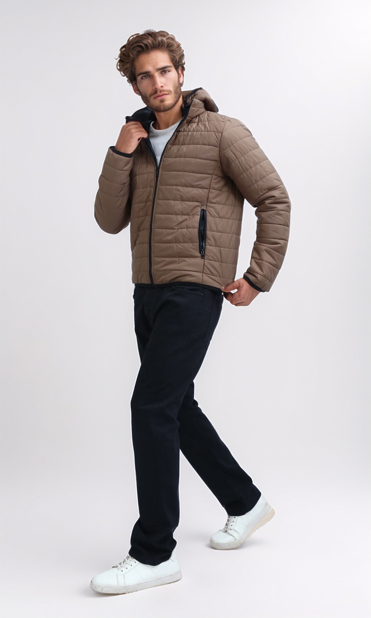 O197520 Dark Coffee Puffer Jacket With Detachable Hooded Neck