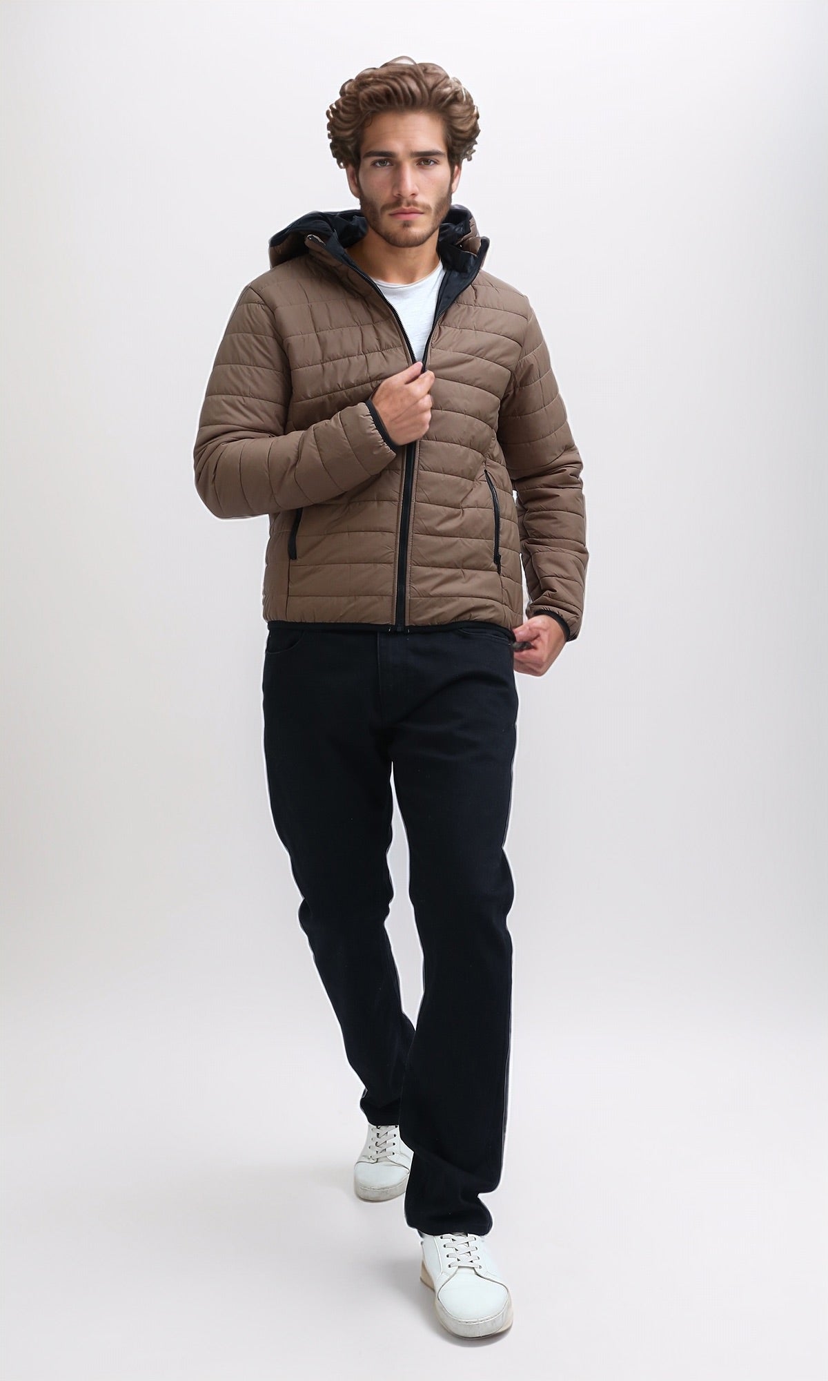 O197520 Dark Coffee Puffer Jacket With Detachable Hooded Neck