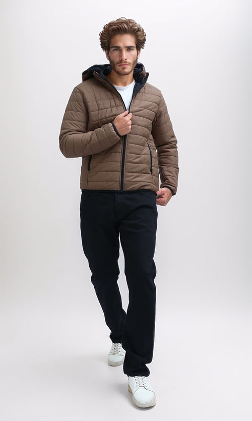 O197520 Dark Coffee Puffer Jacket With Detachable Hooded Neck