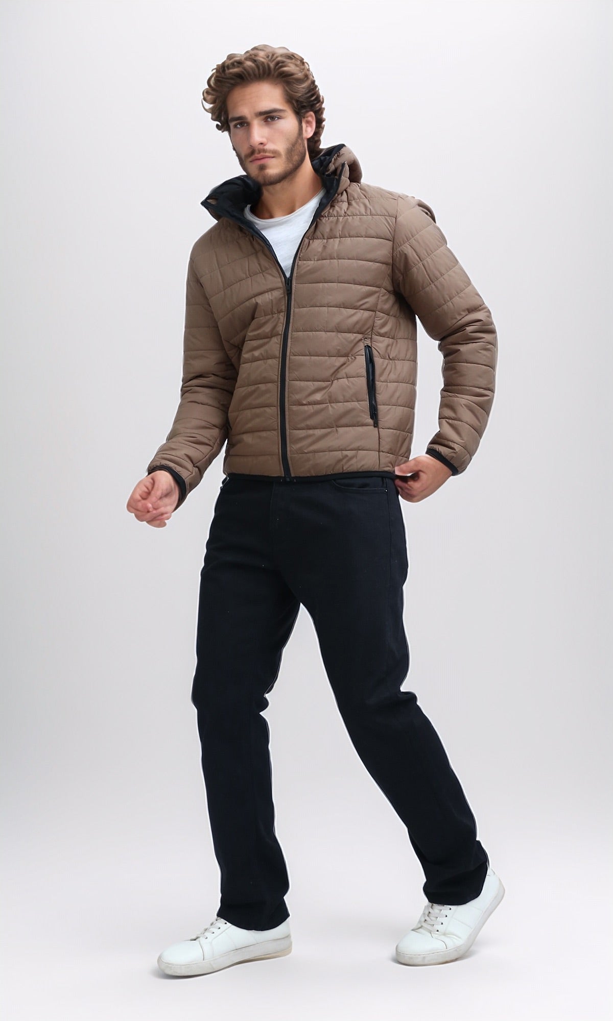 O197520 Dark Coffee Puffer Jacket With Detachable Hooded Neck