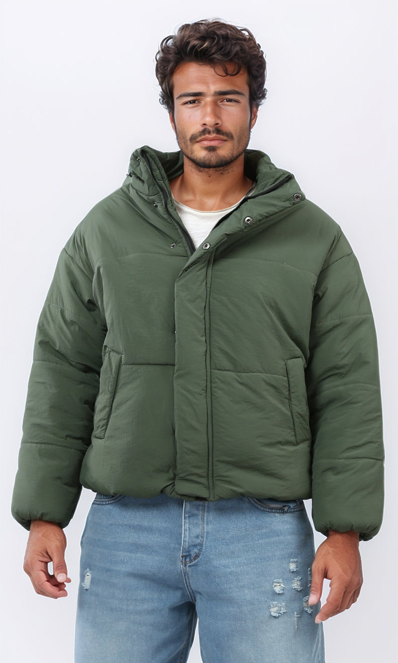 o197528 - Solid Puffer Jacket With Stand Collar - Dark Olive