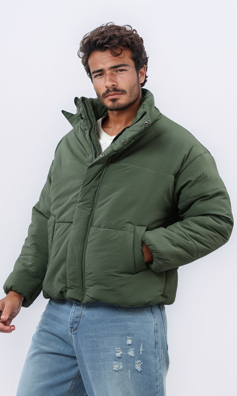 o197528 - Solid Puffer Jacket With Stand Collar - Dark Olive