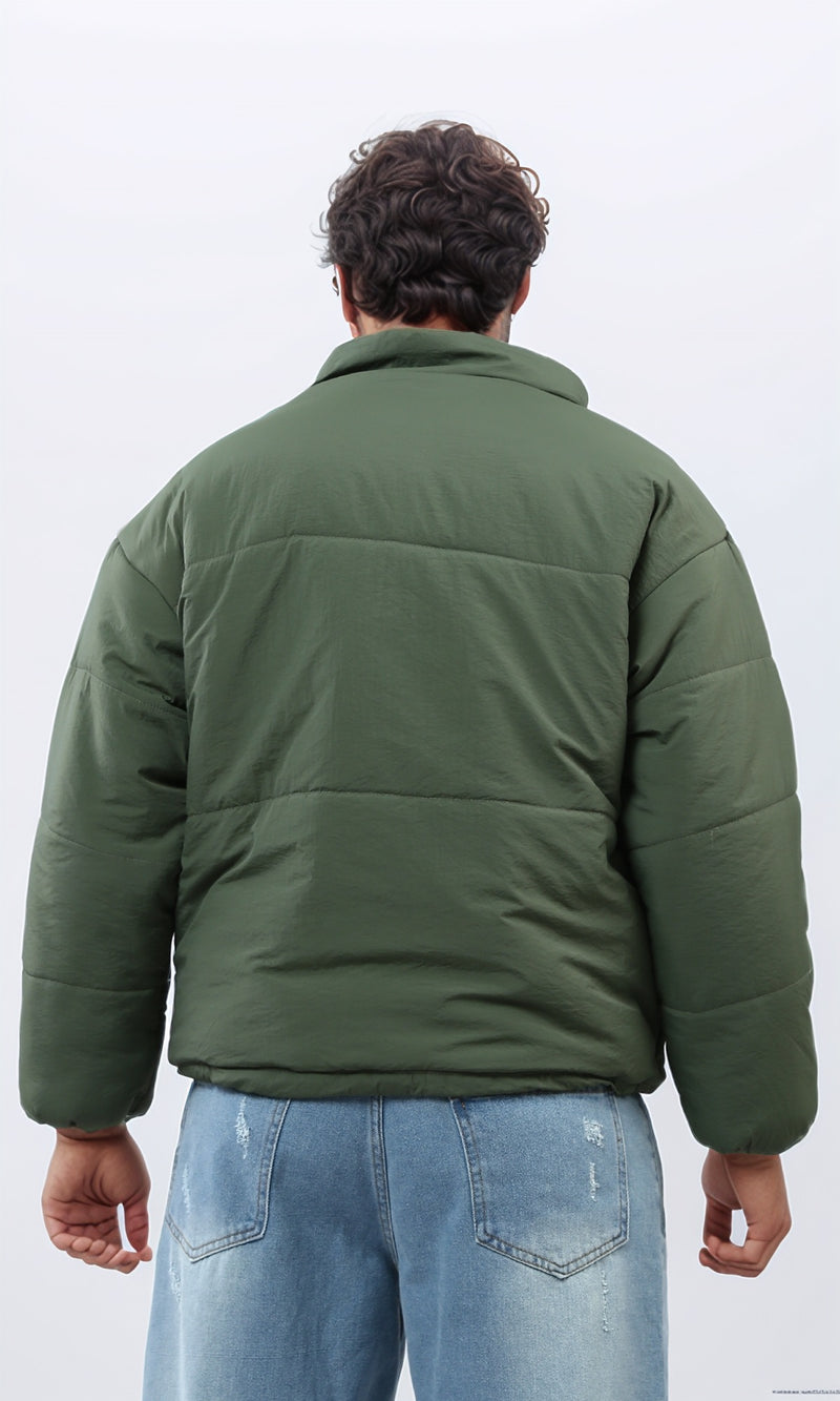 o197528 - Solid Puffer Jacket With Stand Collar - Dark Olive