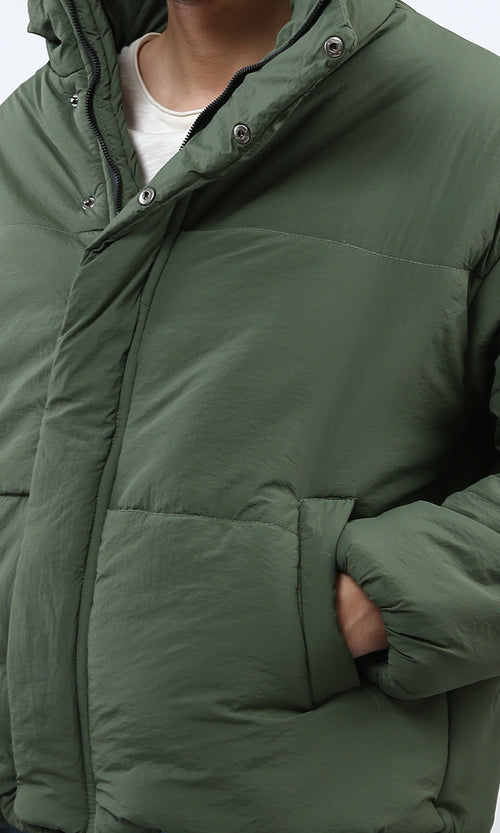 o197528 - Solid Puffer Jacket With Stand Collar - Dark Olive