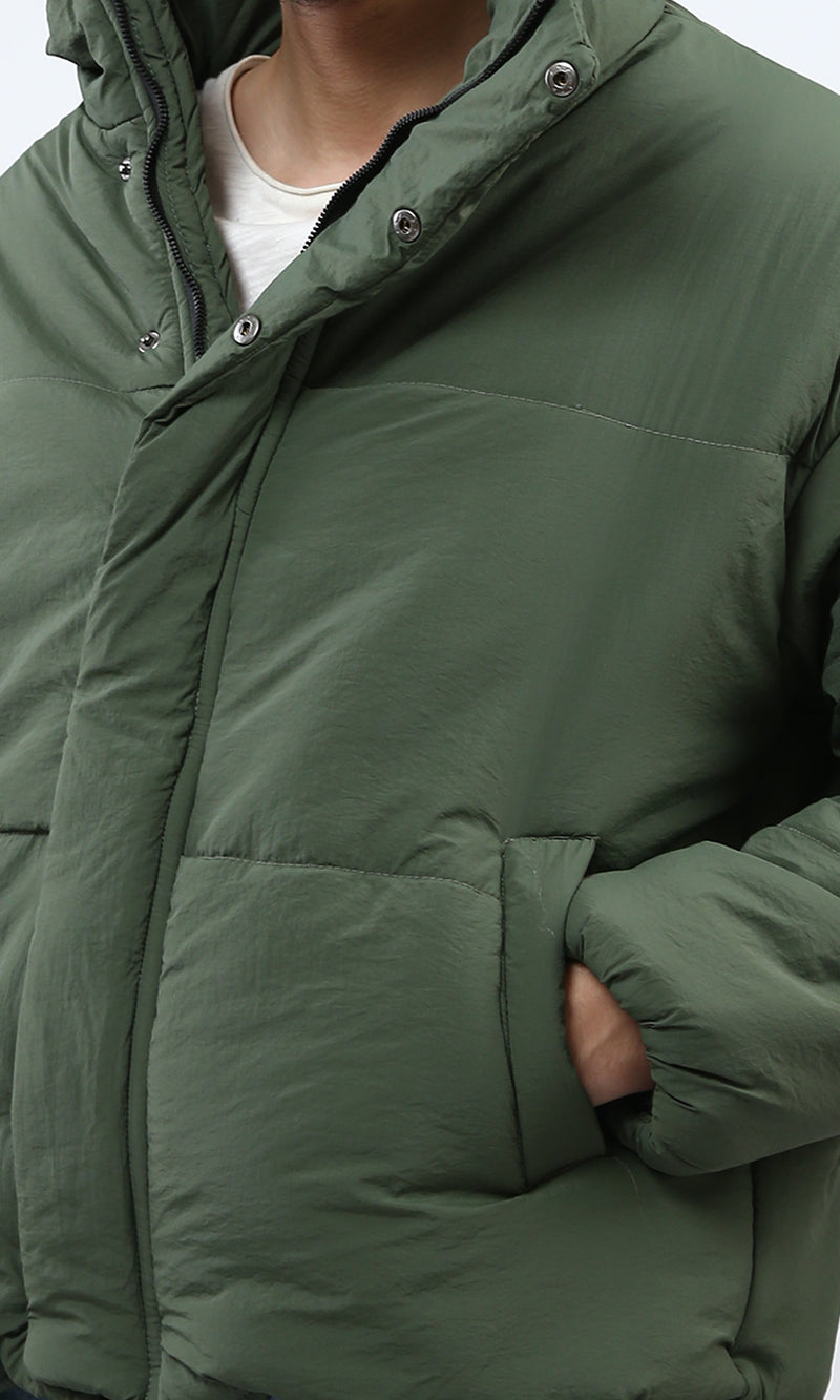 o197528 - Solid Puffer Jacket With Stand Collar - Dark Olive