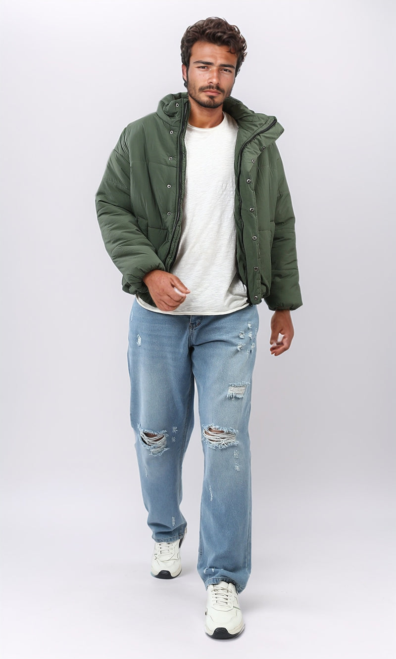 o197528 - Solid Puffer Jacket With Stand Collar - Dark Olive