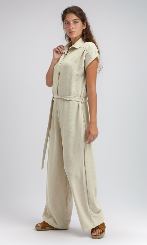 O197591 Summer Jumpsuit With Classic Collar Women Salopette - Biege