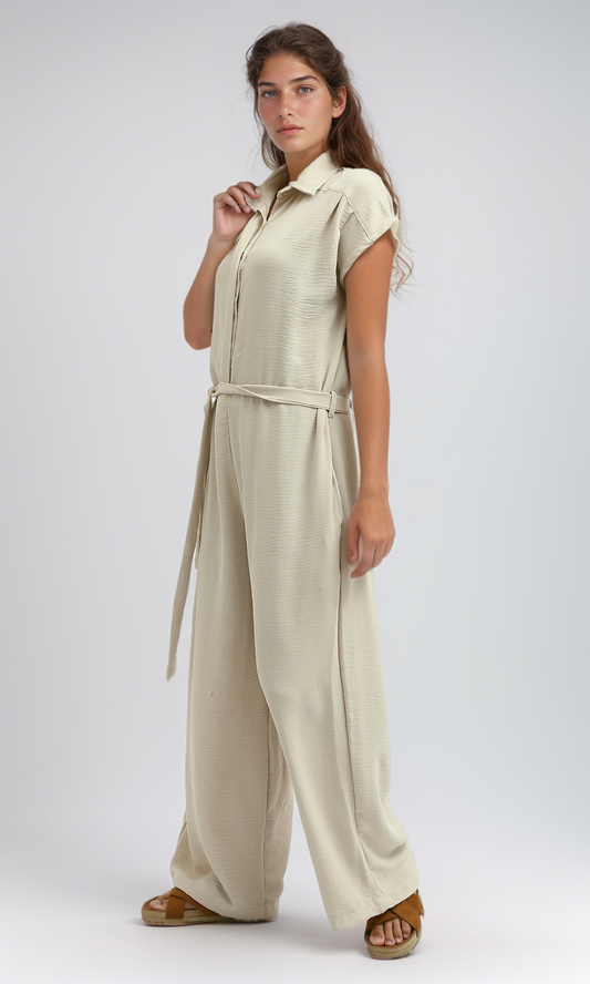 O197591 Summer Jumpsuit With Classic Collar Women Salopette - Biege