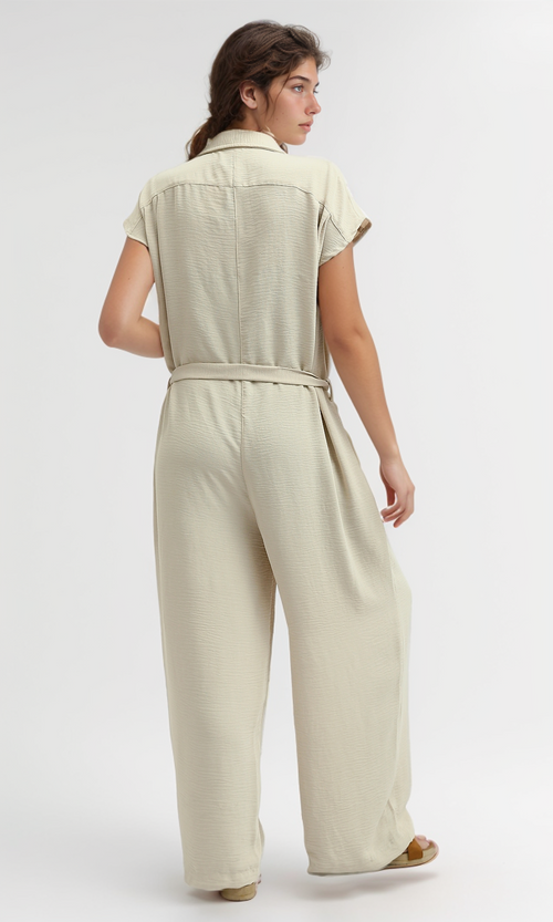 O197591 Summer Jumpsuit With Classic Collar Women Salopette - Biege