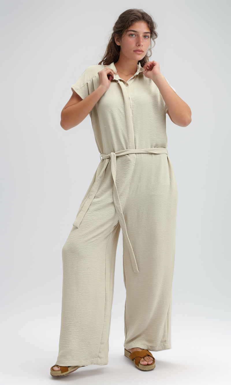 O197591 Summer Jumpsuit With Classic Collar Women Salopette - Biege
