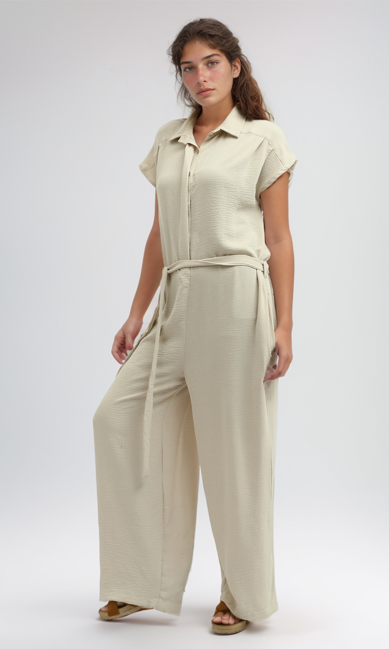 O197591 Summer Jumpsuit With Classic Collar Women Salopette - Biege