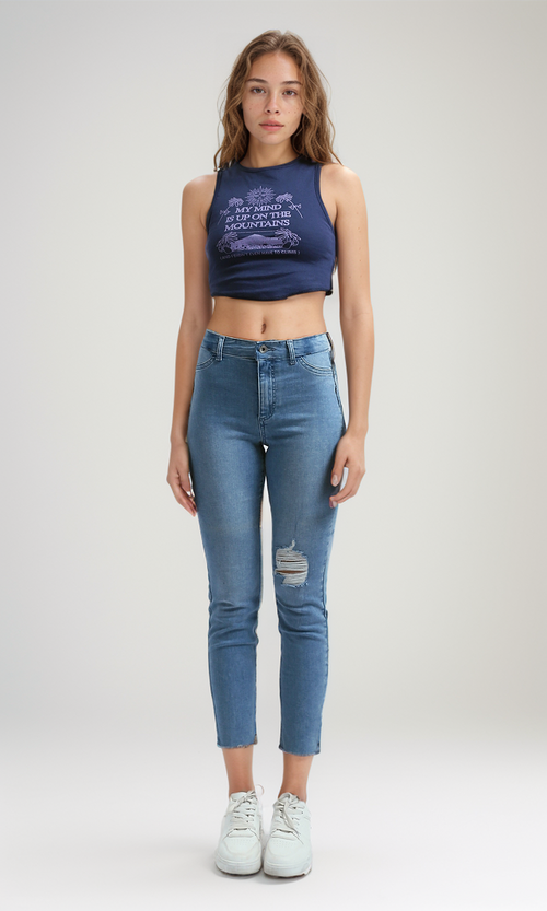 O197598 Round Neck Navy Sleeveless Tank Top