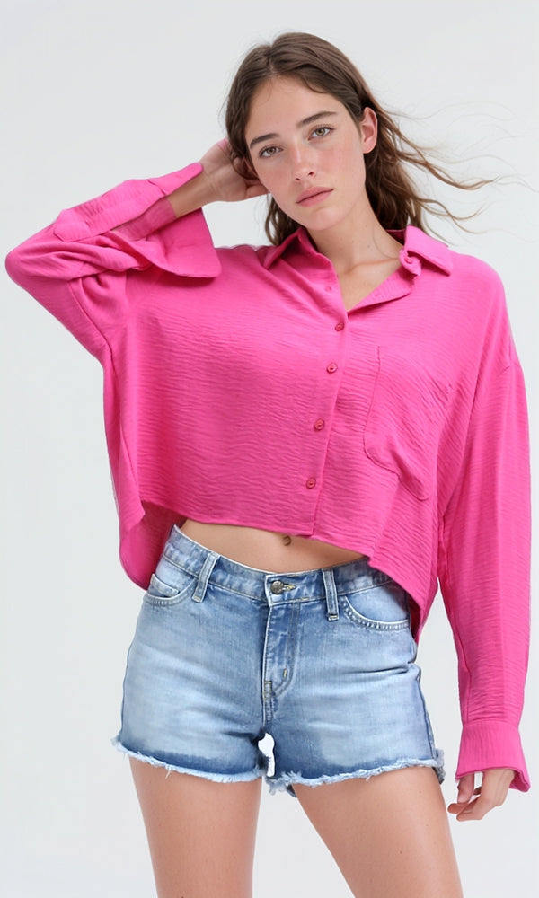 O197605 - Basic Long Sleeves Buttoned Cropped Fushia Shirt
