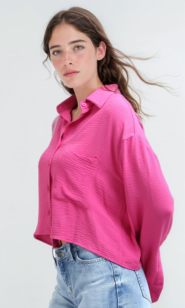 O197605 - Basic Long Sleeves Buttoned Cropped Fushia Shirt