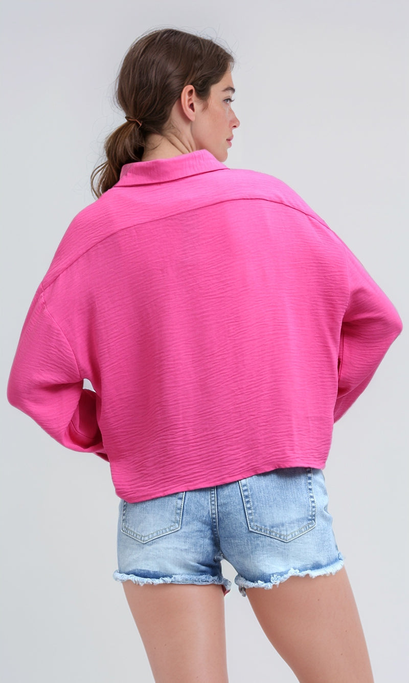 O197605 - Basic Long Sleeves Buttoned Cropped Fushia Shirt