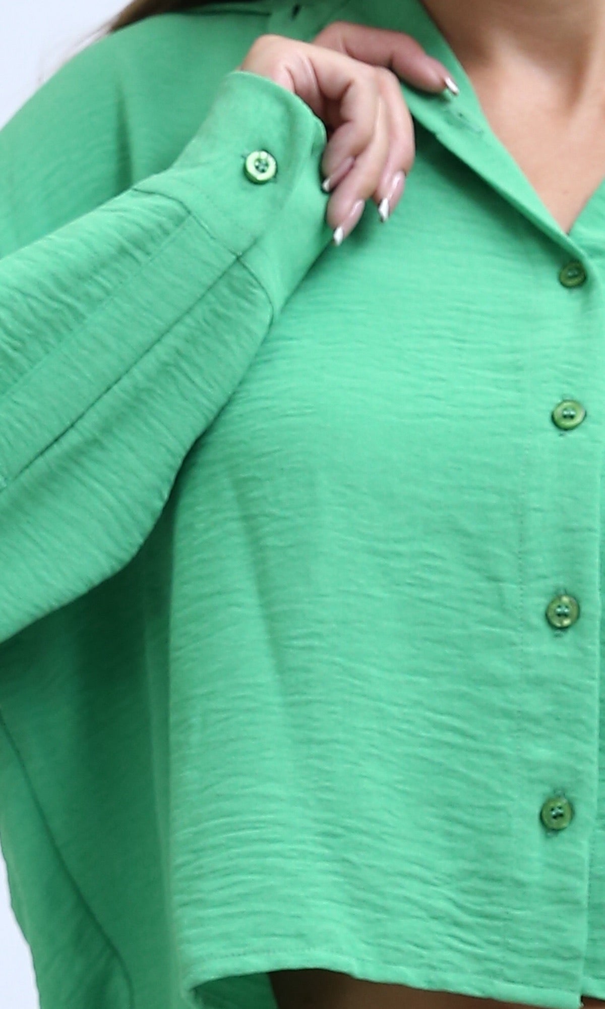 O197606 Side Patched Pocket Regular Fit Green Cropped Shirt