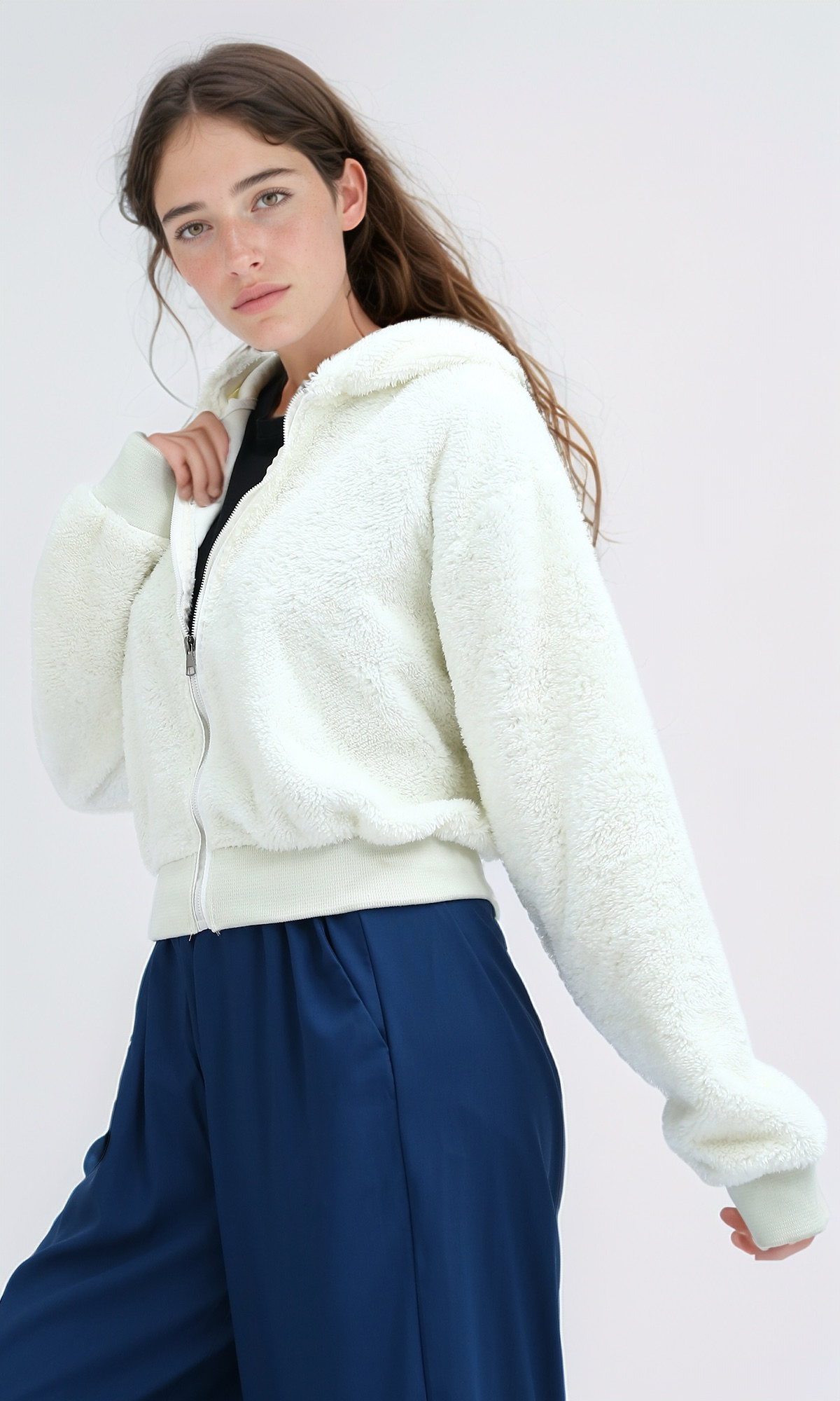 O197642 Faux Fur Hoodied Shirt With Long Sleeves - Off-White