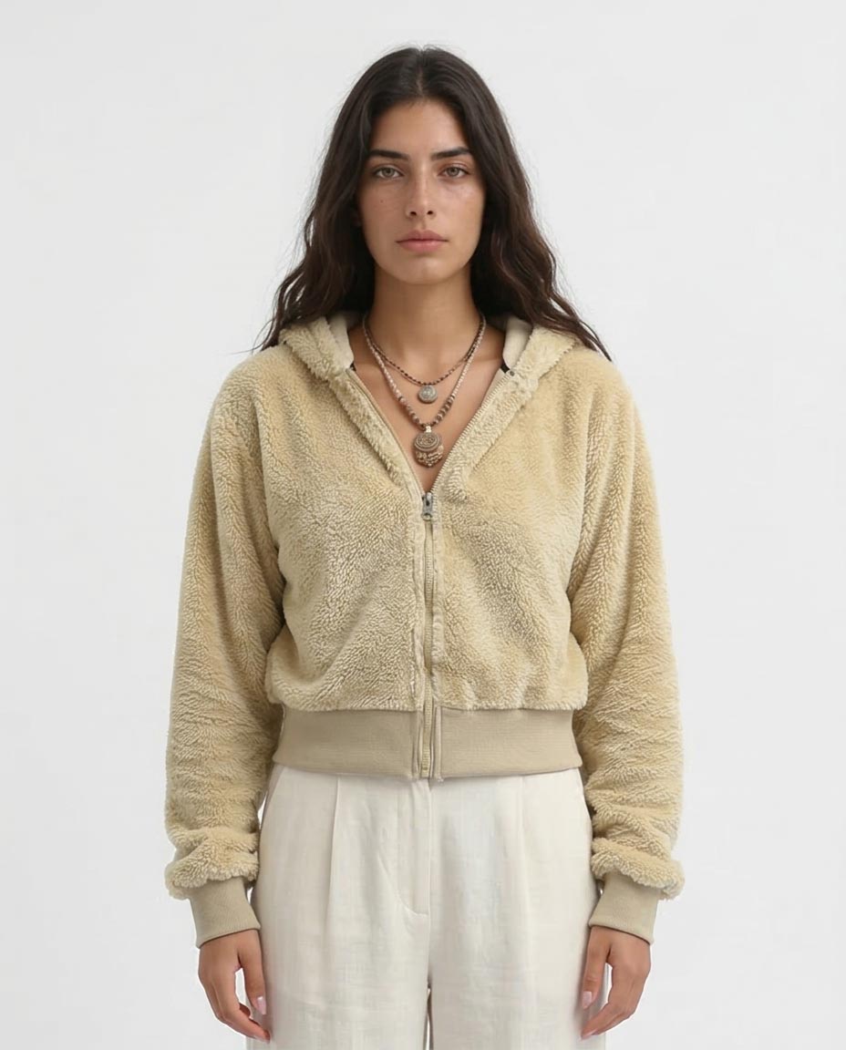 Ravin Women's Cropped Teddy Fleece Zip-Up Hoodie – Oatmeal - o197643