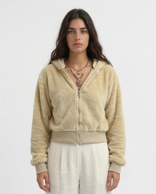 Ravin Women's Cropped Teddy Fleece Zip-Up Hoodie – Oatmeal - o197643