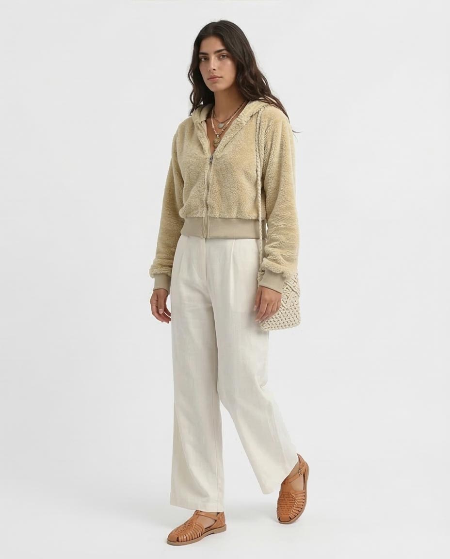 Ravin Women's Cropped Teddy Fleece Zip-Up Hoodie – Oatmeal - o197643