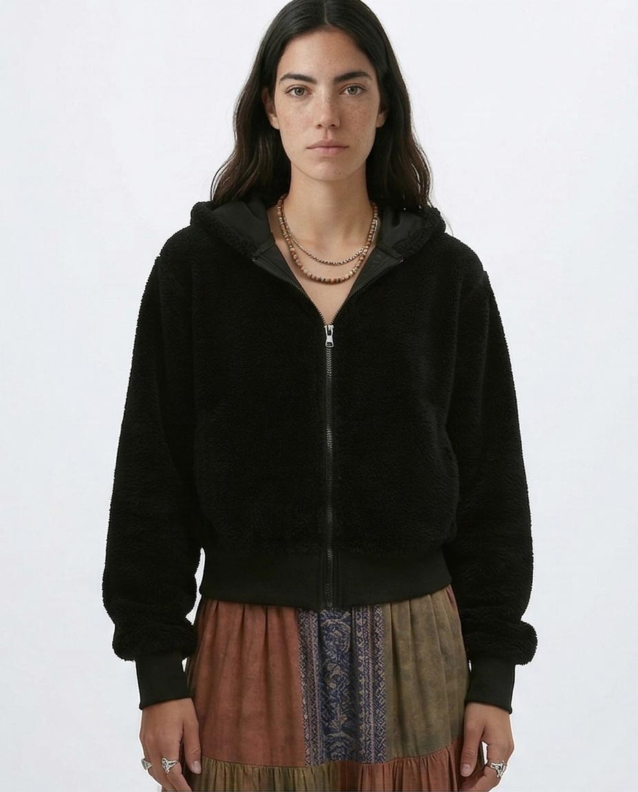 Ravin Women's Cropped Teddy-Fleece Zip-Up Hoodie – Jet Black - o197644