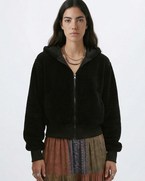 Ravin Women's Cropped Teddy-Fleece Zip-Up Hoodie – Jet Black - o197644