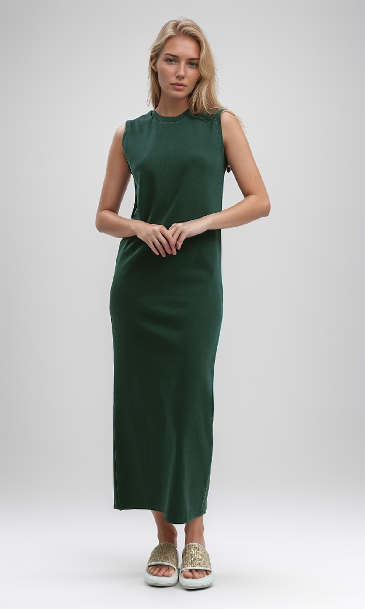 O197713 Sleeveless Solid Feminine Midi Dress - Dark Green