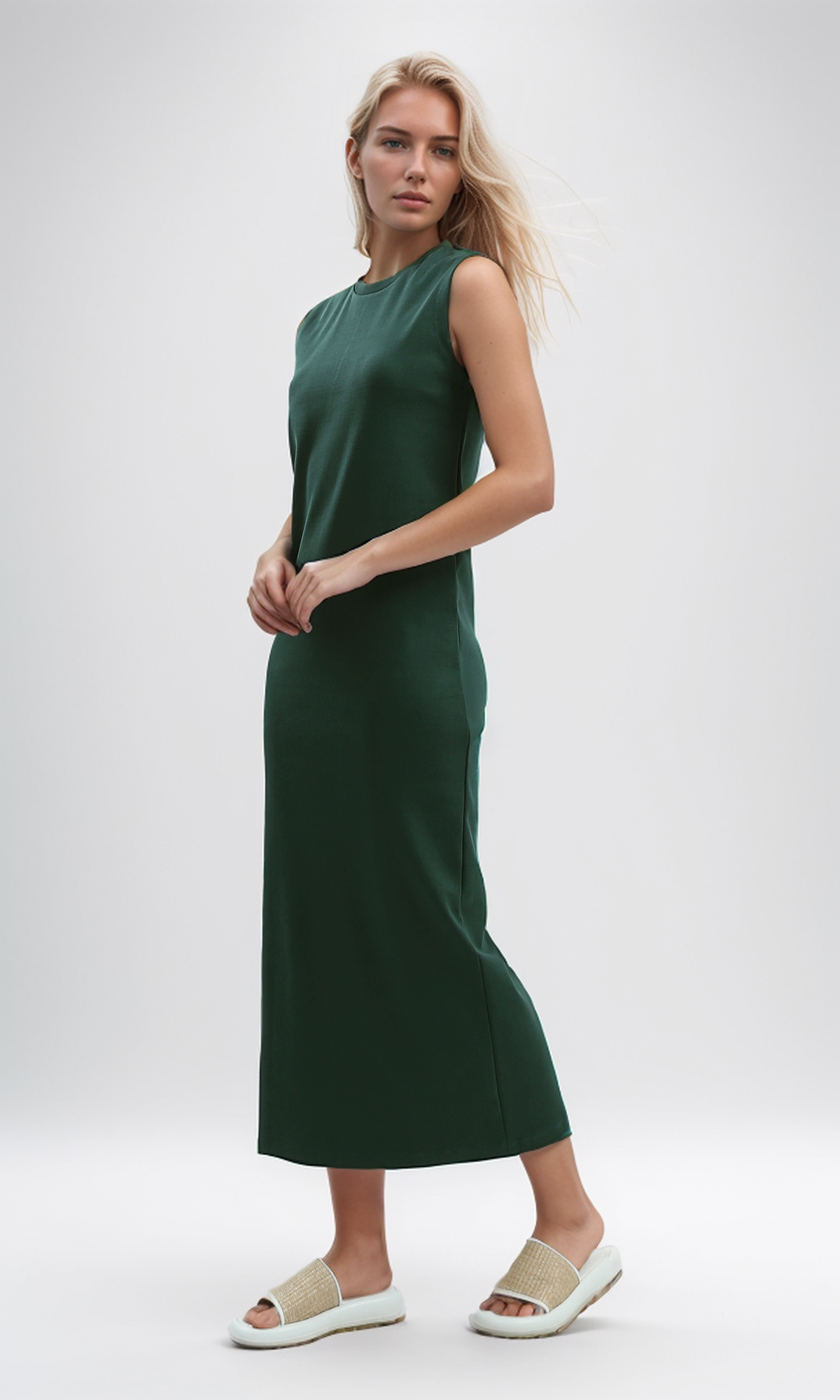 O197713 Sleeveless Solid Feminine Midi Dress - Dark Green