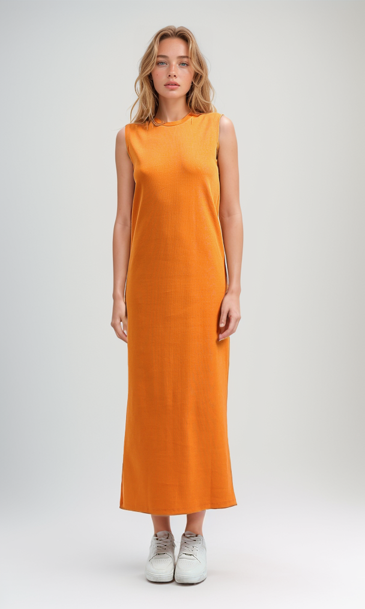 O197715 Hot Orange Slip On Sleeveless Summer Maxi Dress
