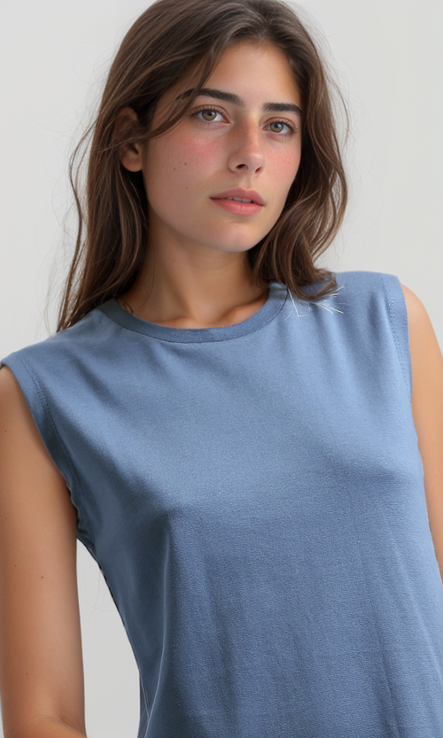 فستان ميدي نسائي سادة بدون أكمام - جينز أزرق